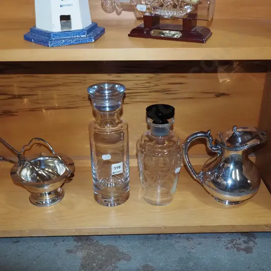 2x stoppered canisters, plated basket, servers, jug