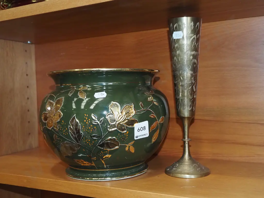 green and gold jardiniere, etched brass goblet vase Image 1++