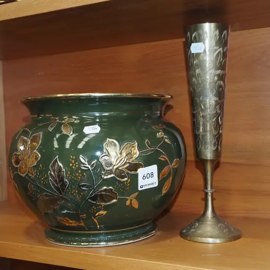 green and gold jardiniere, etched brass goblet vase