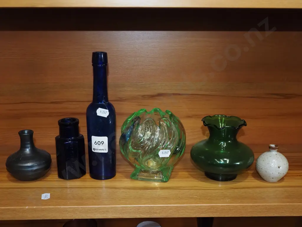 green glass vases, blue glass bottles etc Image 1++