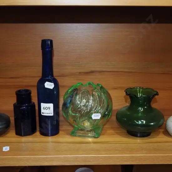 green glass vases, blue glass bottles etc