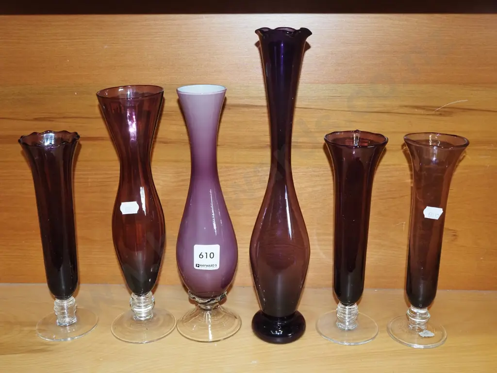 shelf of purple glass vases Tallest H-300 Image 1++