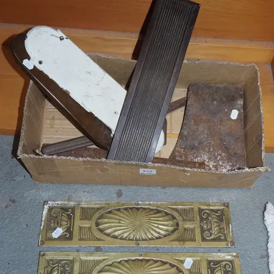 box; drawer plates, axe heads, rusty scissors etc