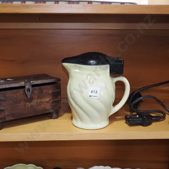 vintage ceramic kettle, hardwood trinket box