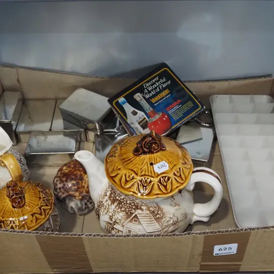 box; metal lidded tins, tea pot, seashells, ice cube try etc