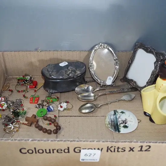 box; picture frames, teaspoons etc