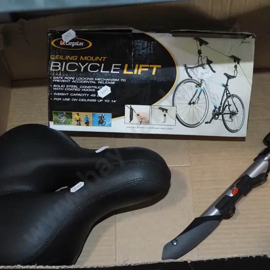 bicycle seat, bike pump, ceiling mounted bicycle lift
