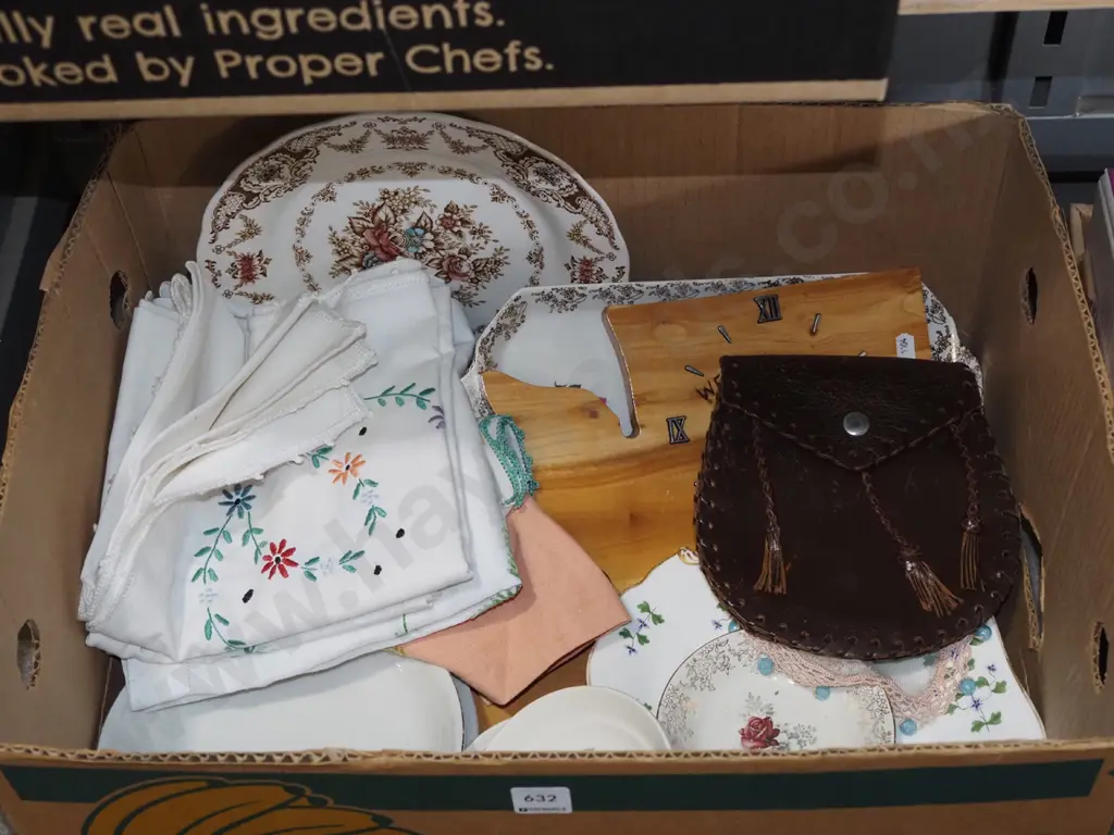 box; hand worked linen, wall clock, plates etc Image 1++