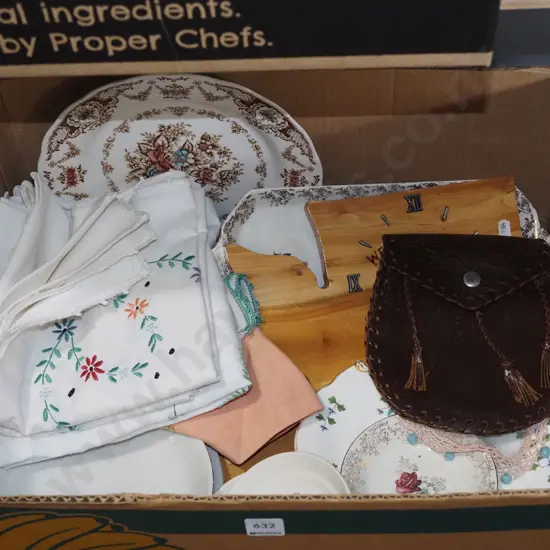 box; hand worked linen, wall clock, plates etc