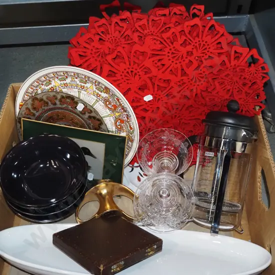 box; plates, placemats, coffee plunger, serving tray etc