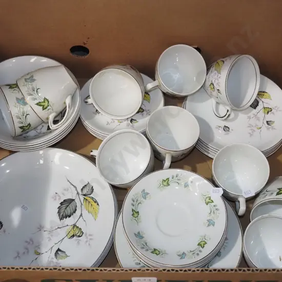 box; cups, saucers, plates, bowls