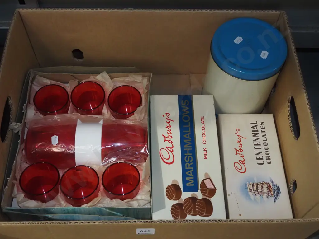 retro red plastic cocktail shaker, Milo tin, old chocolate boxes Image 1++