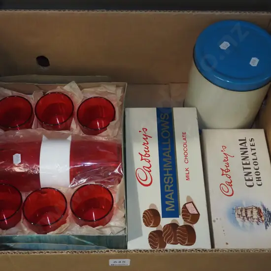 retro red plastic cocktail shaker, Milo tin, old chocolate boxes