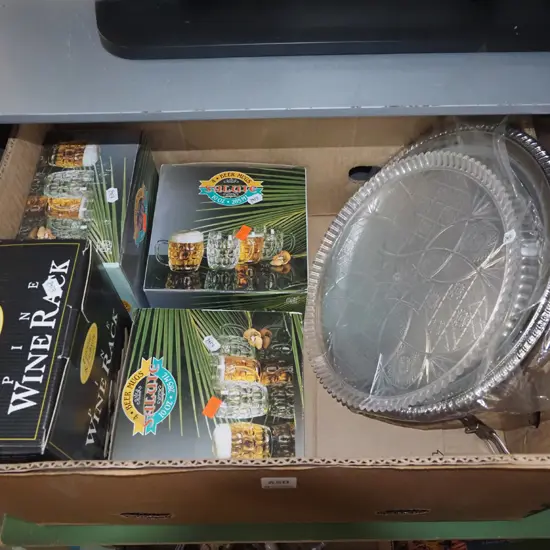 box; trays, glasses, boxed wine rack