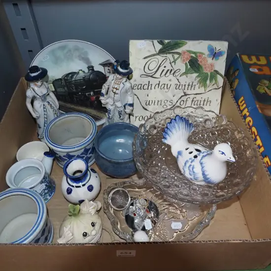 box; figurines, train plate, glass comport, vases etc