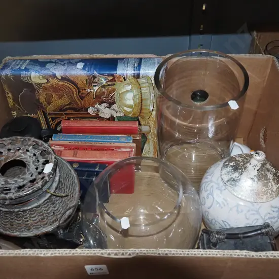 box; glass vases, books, cocktail shaker etc