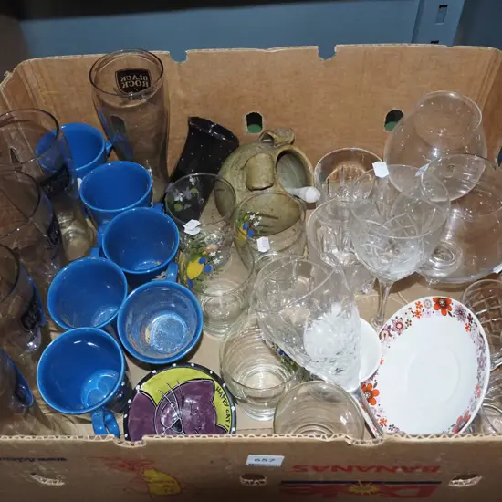 box; wine glasses, glass tumblers, salt pig etc