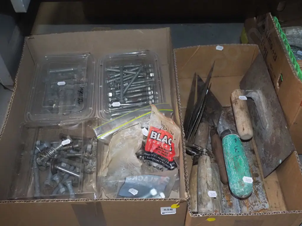 2 boxes; nuts and bolts, box of plasterer's trowels - yellow dots Image 1++