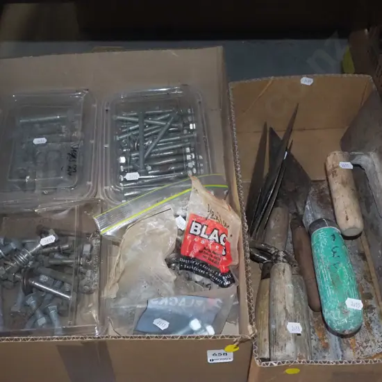 2 boxes; nuts and bolts, box of plasterer's trowels - yellow dots