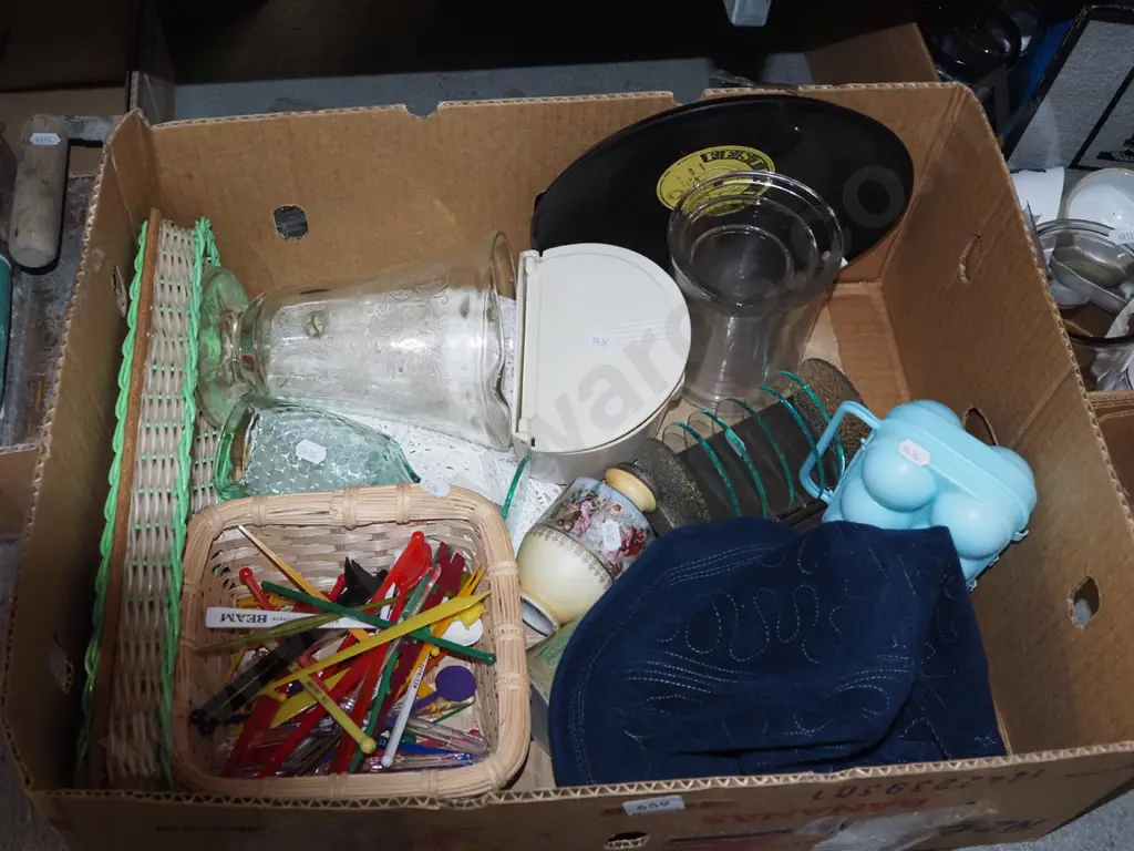 box; ladies hat, glass vases, cocktail sticks, toast rack etc Image 1++