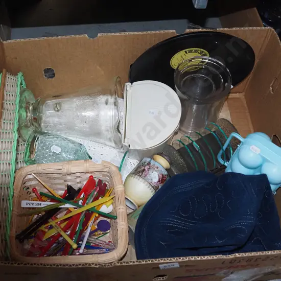 box; ladies hat, glass vases, cocktail sticks, toast rack etc