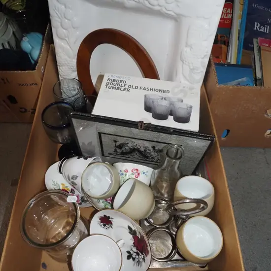 box; large serving bowl, boxed tumblers, cups, saucers etc