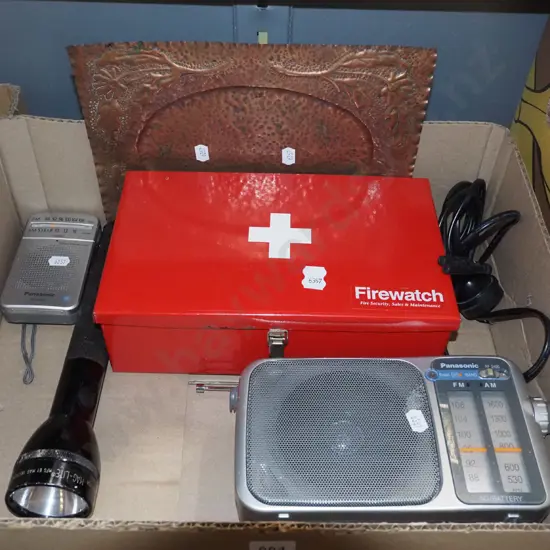 box; transistor radio, torch, first aid kit