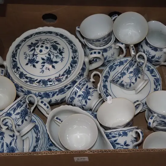 box; assorted blue and white items; cups, saucers, lidded vege etc