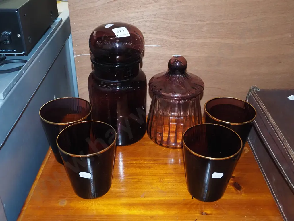 purple glass canister, 4x large tumblers Image 1++
