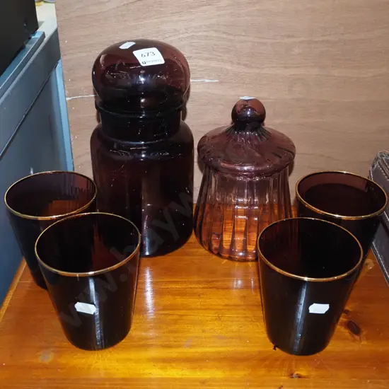 purple glass canister, 4x large tumblers