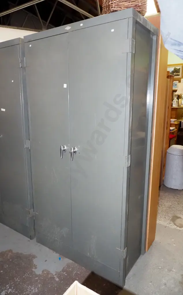 2 door metal lockable cabinet with adjustable shelves- key in office - handle needs attention Image 1++