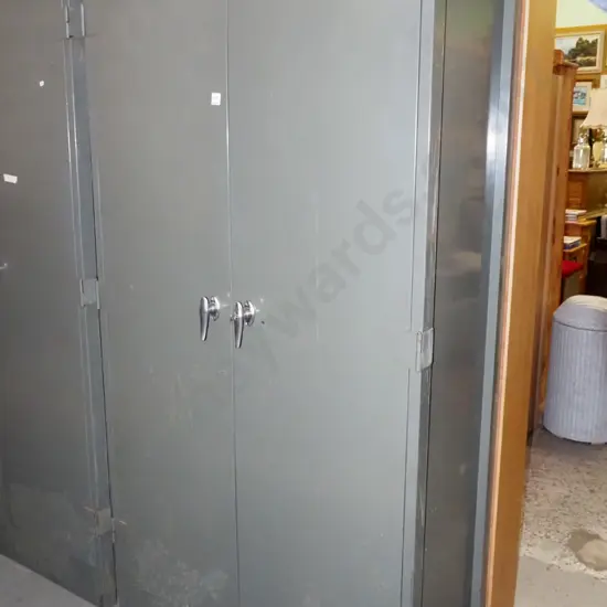 2 door metal lockable cabinet with adjustable shelves- key in office - handle needs attention