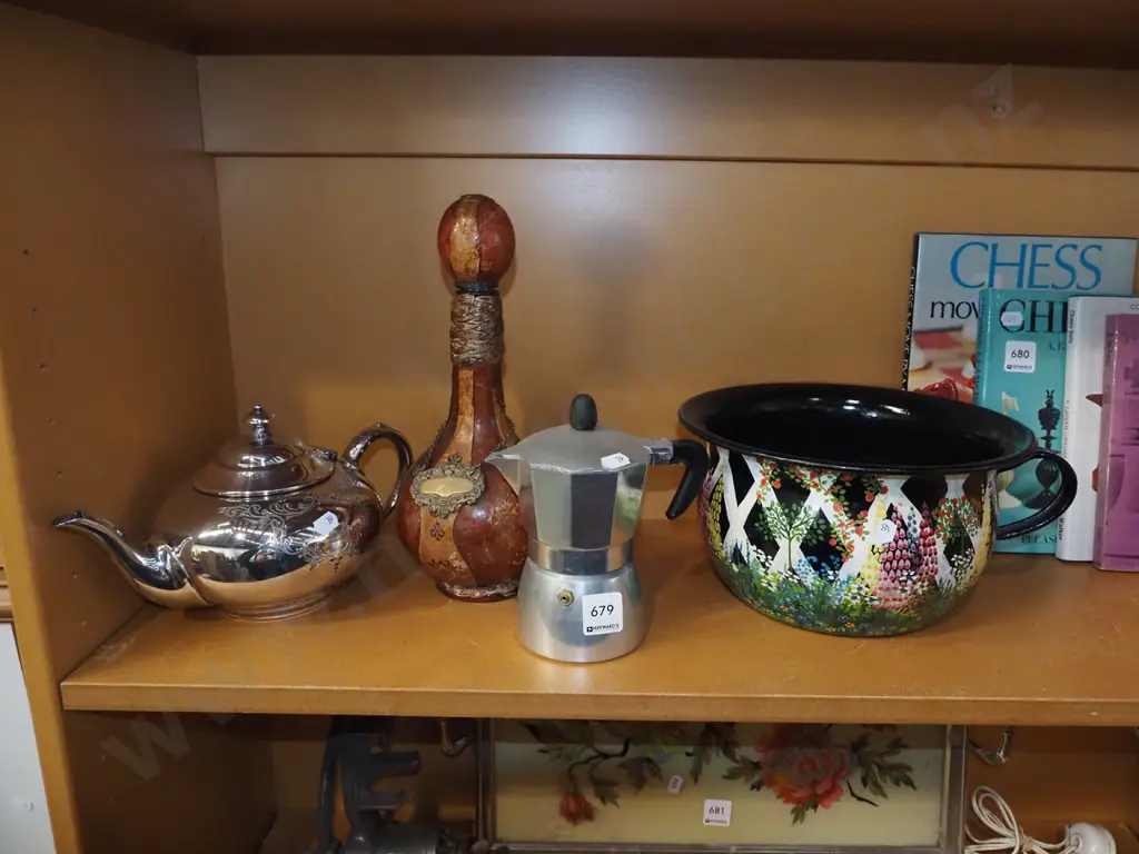 plated teapot, leather belt, hand painted metal chamber pot etc Image 1++