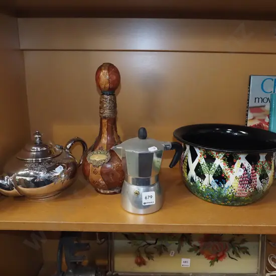 plated teapot, leather belt, hand painted metal chamber pot etc