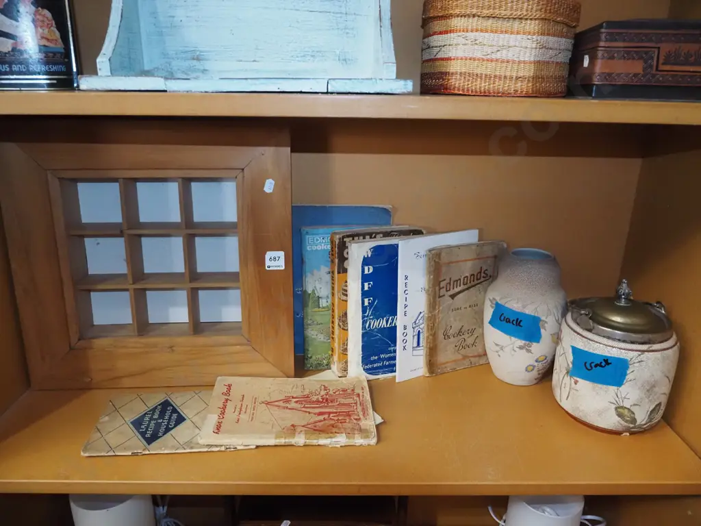 shelf; wall mounted box, cookbooks, vase and barrel have cracks Image 1++