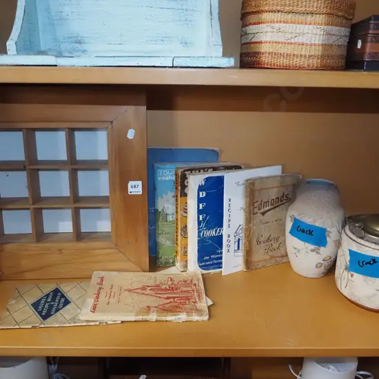 shelf; wall mounted box, cookbooks, vase and barrel have cracks
