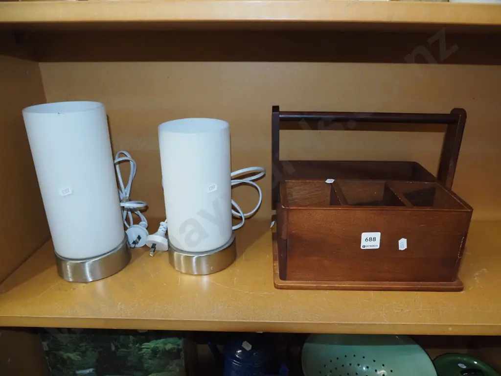shelf; bedside lamps, wooden segmented basket Image 1++