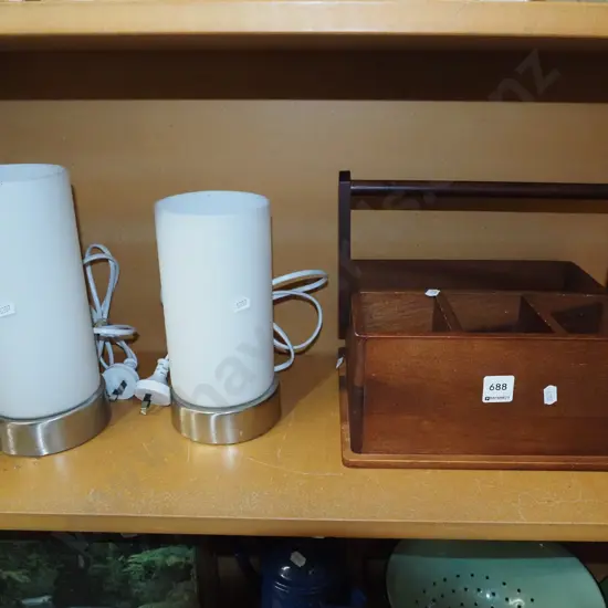 shelf; bedside lamps, wooden segmented basket
