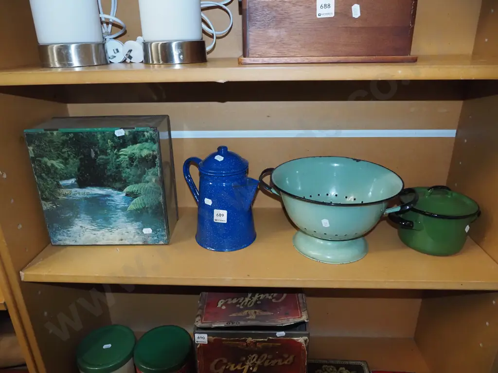 vintage tin, enamel coffee pot, colander, lidded pot Image 1++
