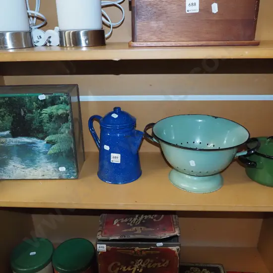 vintage tin, enamel coffee pot, colander, lidded pot