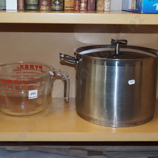 pyrex jug, stainless steel stock pot