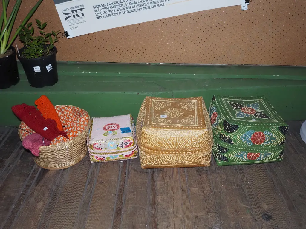 3x hand painted woven  storage containers, cane basket, covered coat hangers Image 1++