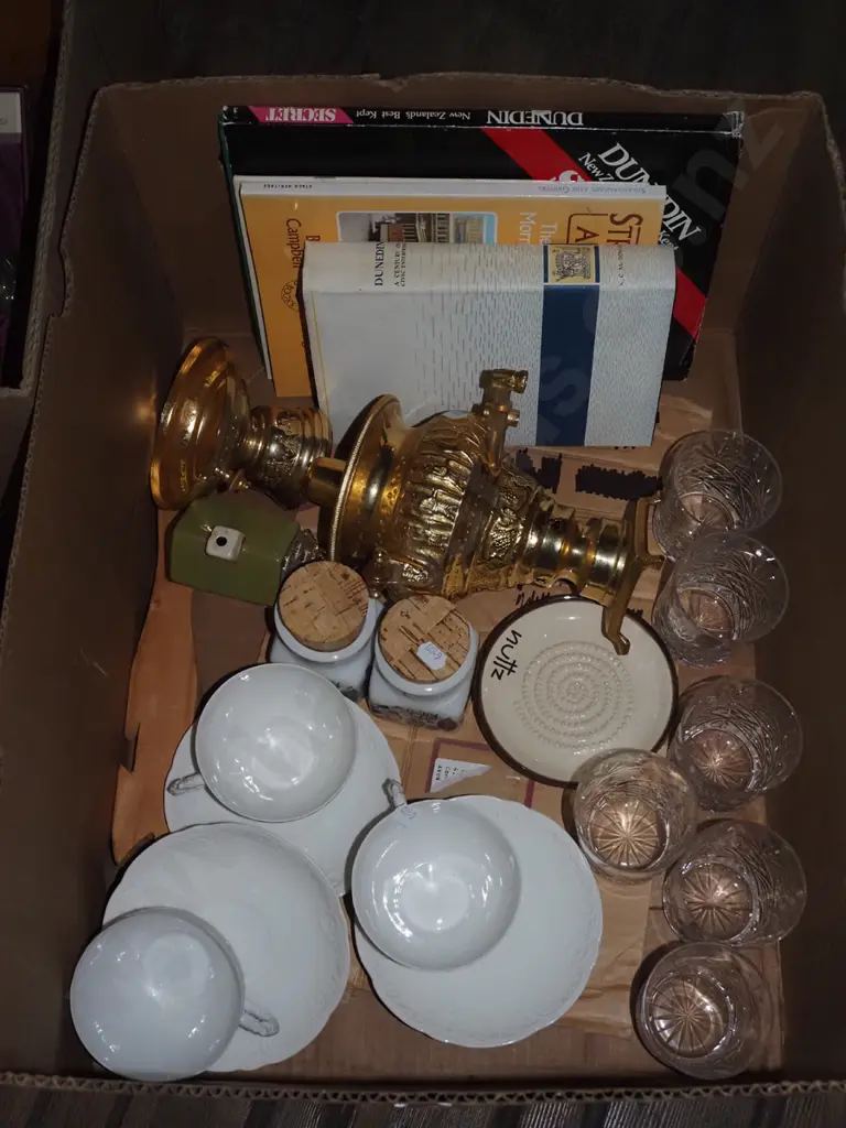 box; Dunedin books, cut crystal tumblers, cups etc Image 1++