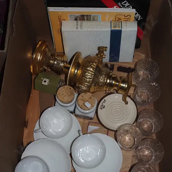box; Dunedin books, cut crystal tumblers, cups etc