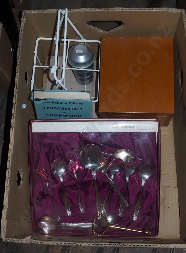 box; cased cutlery, wooden index card box, milk crate etc Image 1++