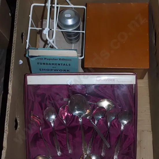 box; cased cutlery, wooden index card box, milk crate etc