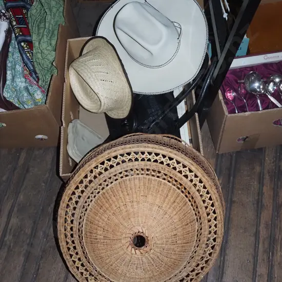 box; handbag, hats, cane lamp shade