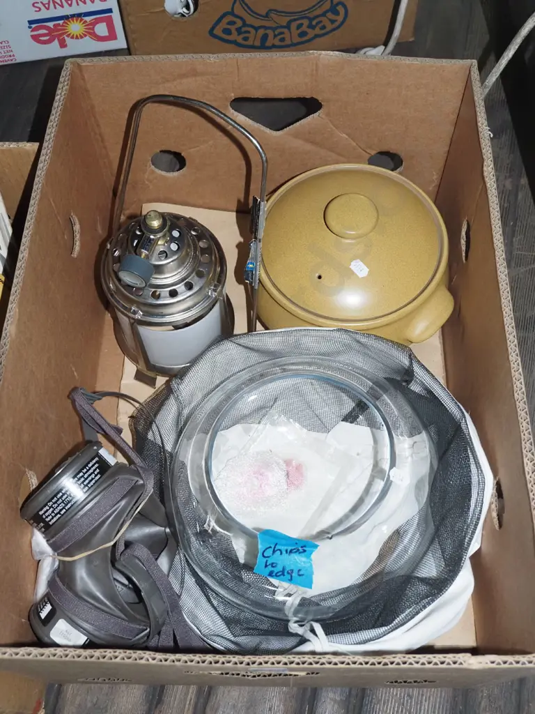 box; camping lantern, Denby casserole, glass bowl etc Image 1++