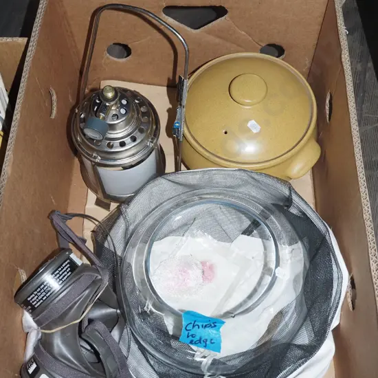 box; camping lantern, Denby casserole, glass bowl etc