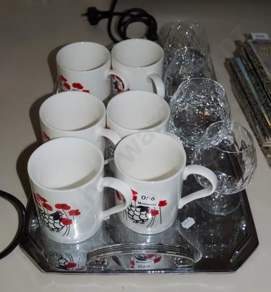 deco chrome tray, crystal goblets, 6x happy hens coffee mugs Image 1++